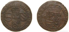 Coins of Spain: Low countries feudal Duchy of Brabant Spanish possession 1643 1 Liard - Philip IV Copper Antwerp Mi